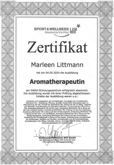 Marleen Littmann Zertifikat Aromatherapeutin 2024